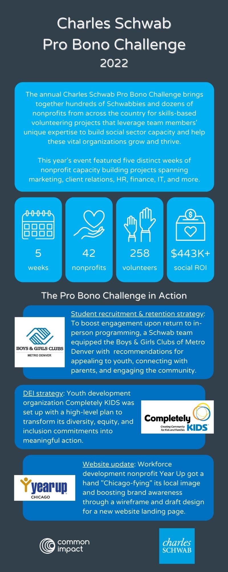 Charles Schwab Pro Bono Challenge 2022 infographic: summary, impact highlights, and signature projects